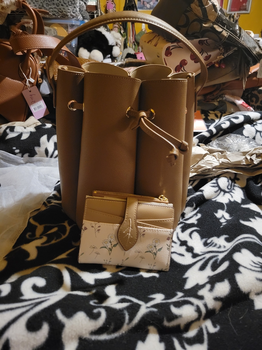 Tan Bucket Tote Bag with Floral Tan Wallet